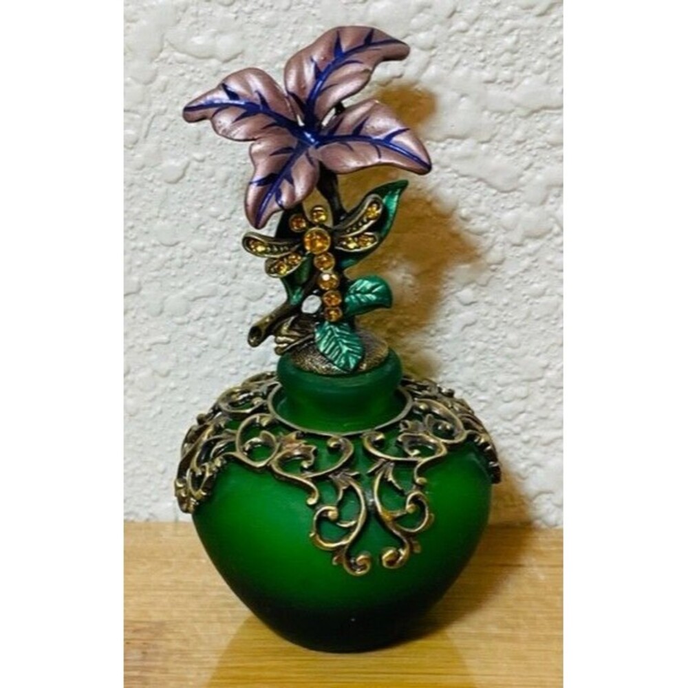 Vintage Frosty Green Glass Perfume Bottle, Enamel Flower Gemstones Dragonfly